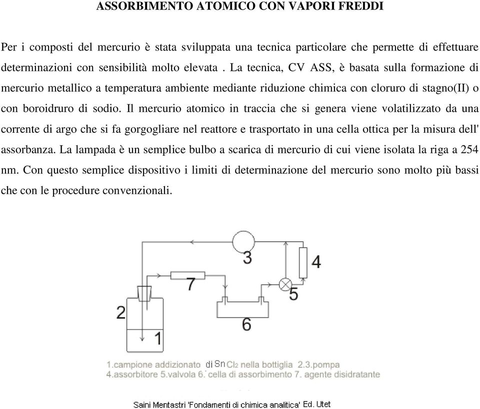 Il mercurio atomico in traccia che si genera viene volatilizzato da una corrente di argo che si fa gorgogliare nel reattore e trasportato in una cella ottica per la misura dell' assorbanza.