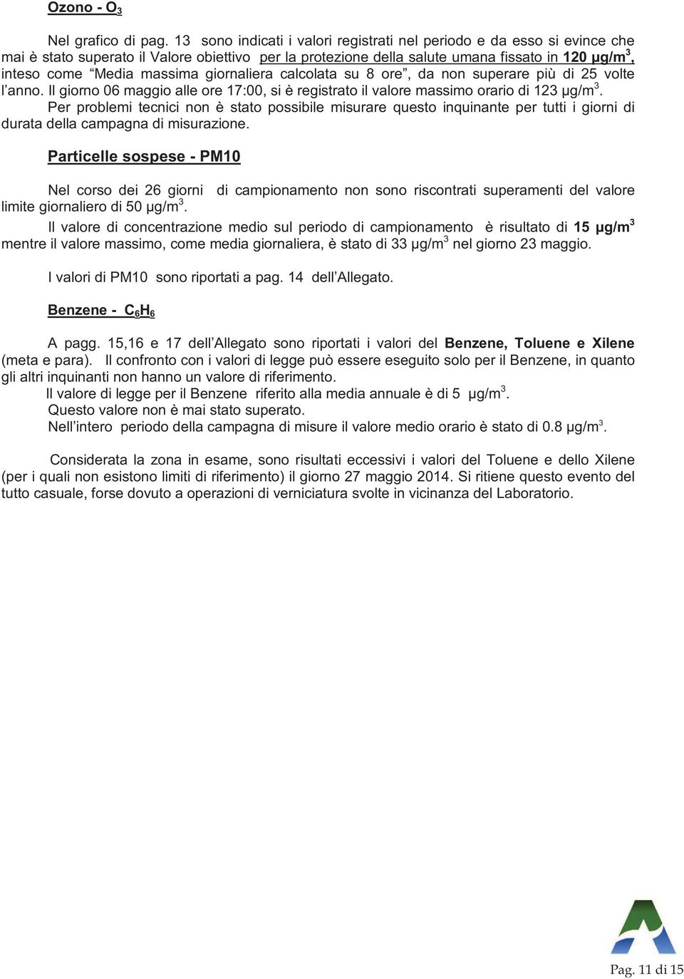 giornaliera calcolata su 8 ore, da non superare più di 25 volte l anno. Il giorno 06 maggio alle ore 17:00, si è registrato il valore massimo orario di 123 µg/m 3.