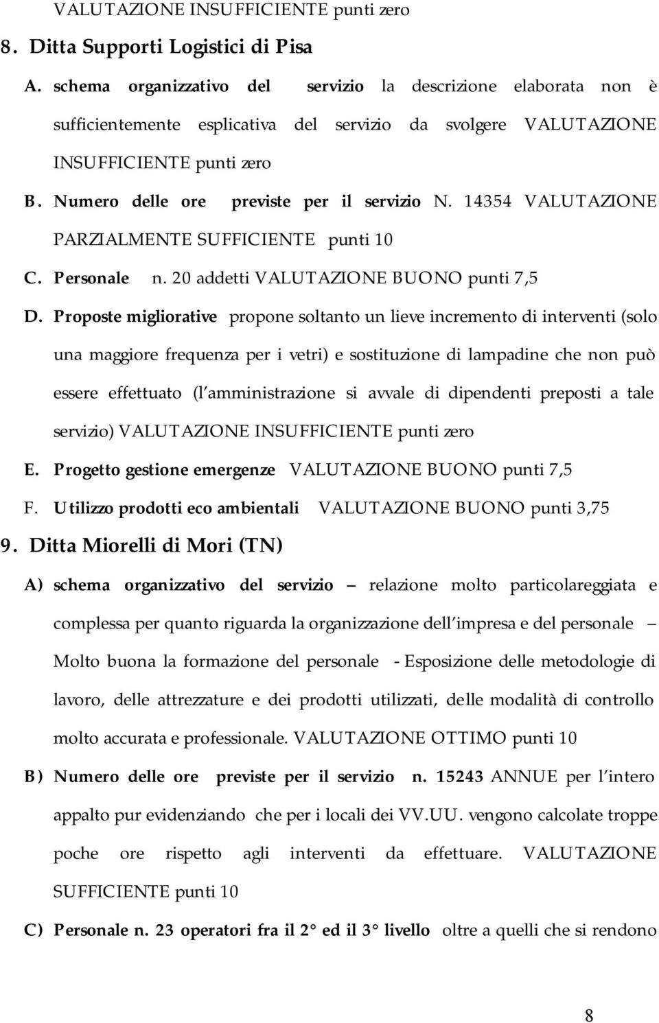 Proposte migliorative propone soltanto un lieve incremento di interventi (solo una maggiore frequenza per i vetri) e sostituzione di lampadine che non può essere effettuato (l amministrazione si