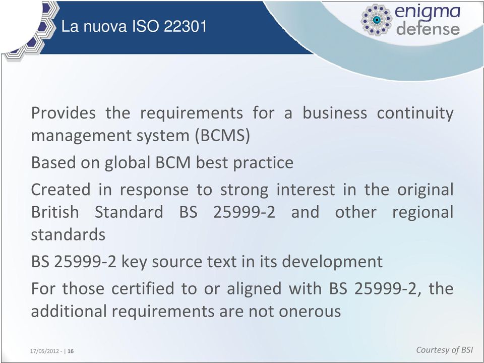 25999-2 and other regional standards BS 25999-2 key source text in its development For those certified