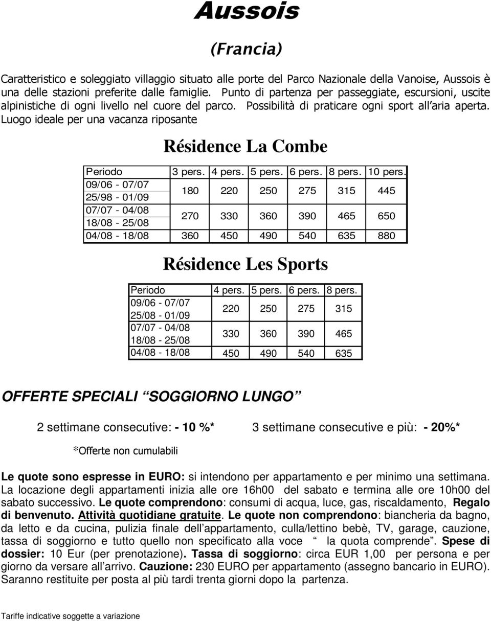 Luogo ideale per una vacanza riposante Résidence La Combe Periodo 3 pers. 4 pers. 5 pers. 6 pers. 8 pers. 10 pers.