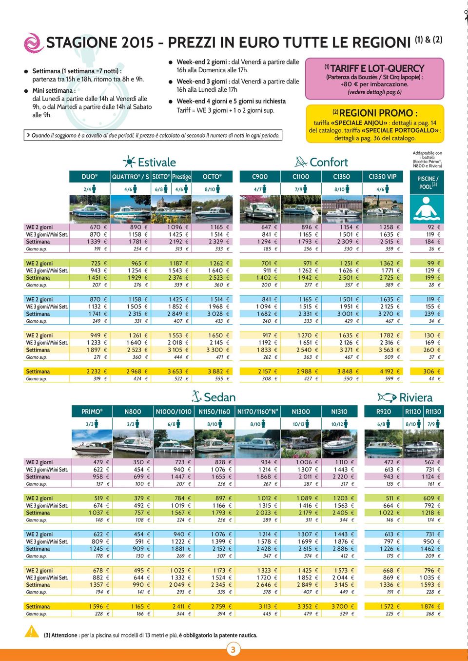 Week-end 3 giorni : dal enerdi a partire dalle h alla unedi alle h Week-end 4 giorni e 5 giorni su richiesta Tariff = WE 3 giorni + 1 o 2 giorni sup.