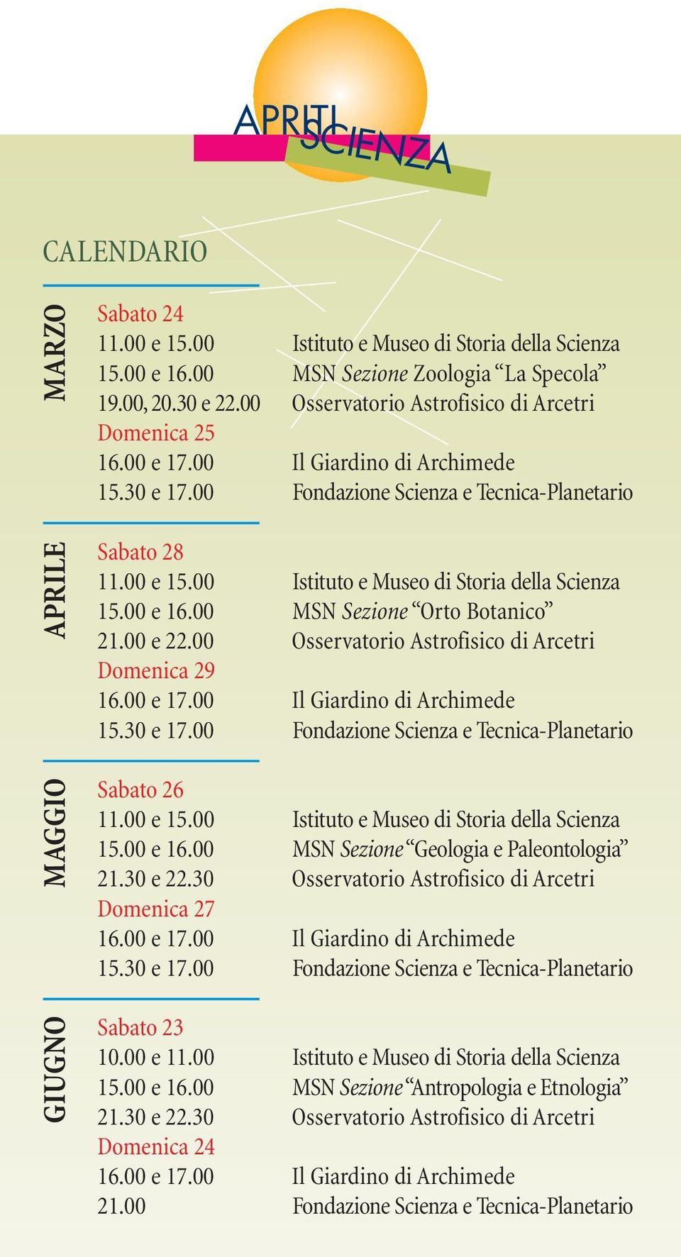 00 MSN Sezione Orto Botanico 21.00 e 22.00 Osservatorio Astrofisico di Arcetri Domenica 29 15.30 e 17.00 Fondazione Scienza e Tecnica-Planetario Sabato 26 11.00 e 15.