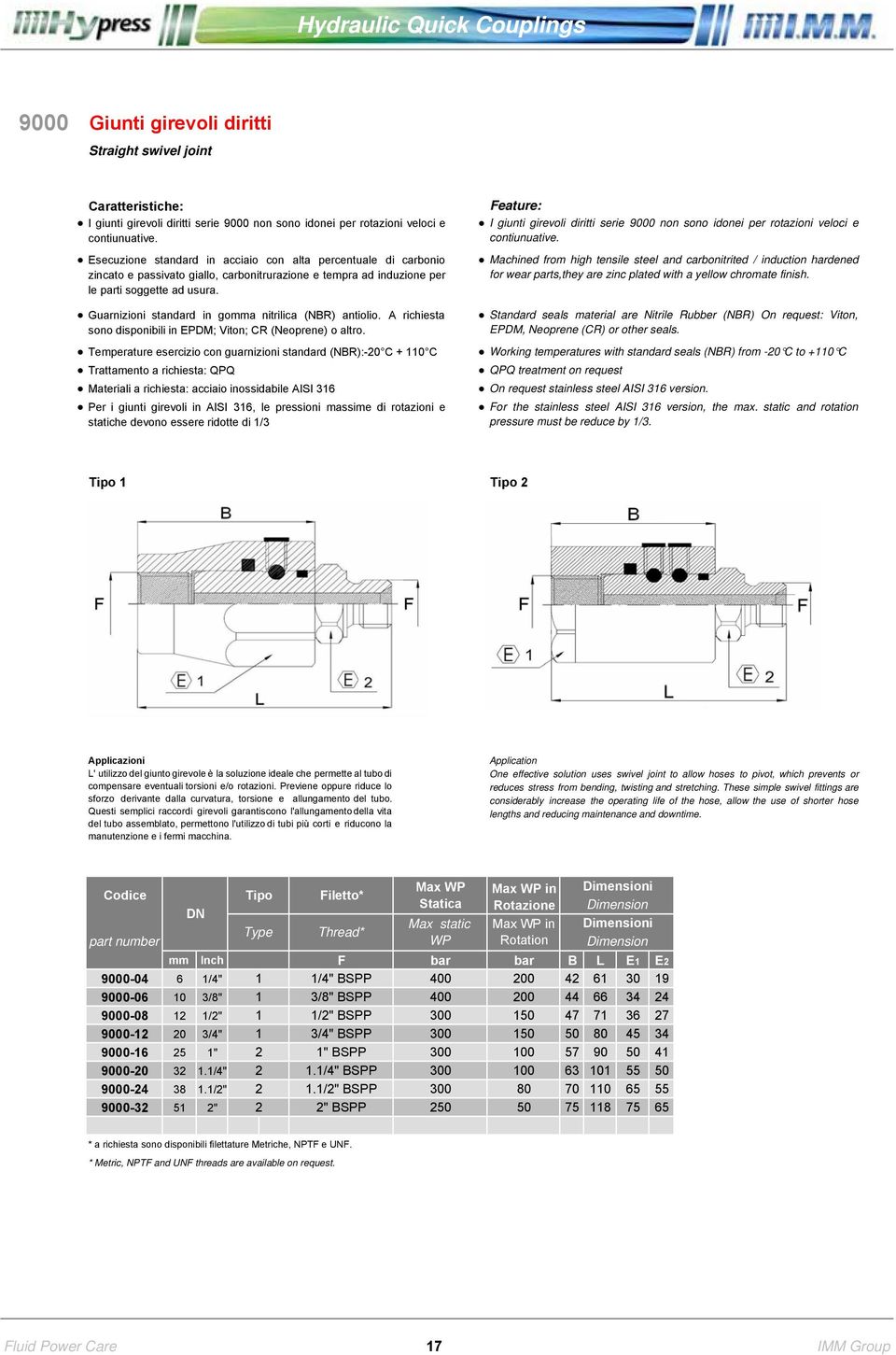 inossidabile AISI 316 Per i giunti girevoli in AISI 316, le pressioni massime di rotazioni e statiche devono essere ridotte di 1/3 I giunti girevoli diritti serie 9000 non sono idonei per rotazioni