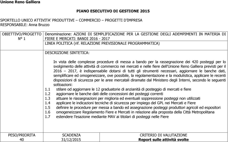 RELAZIONE PREVISIONALE PROGRAMMATICA) DESCRIZIONE SINTETICA: In vista delle complesse procedure di messa a bando per la rassegnazione dei 420 posteggi per lo svolgimento delle attività di commercio