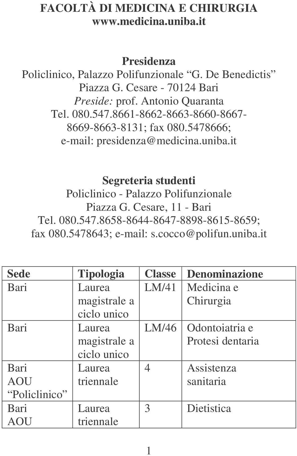 Cesare, 11 - Bari Tel. 080.547.8658-8644-8647-8898-8615-8659; fax 080.5478643; e-mail: s.cocco@polifun.uniba.