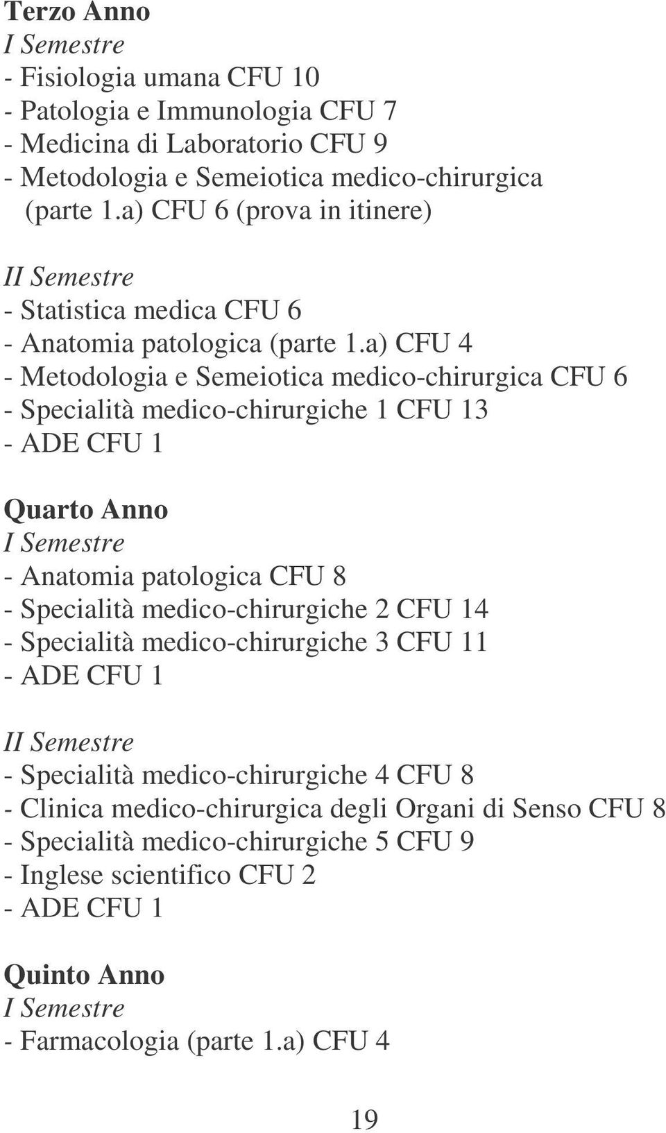 a) CFU 4 - Metodologia e Semeiotica medico-chirurgica CFU 6 - Specialità medico-chirurgiche 1 CFU 13 - ADE CFU 1 Quarto Anno - Anatomia patologica CFU 8 - Specialità