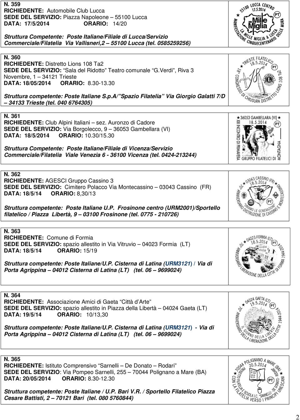 Verdi, Riva 3 Novembre, 1 34121 Trieste DATA: 18/05/2014 ORARIO: 8.30-13.30 Struttura competente: Poste Italiane S.p.A/ Spazio Filatelia Via Giorgio Galatti 7/D 34133 Trieste (tel. 040 6764305) N.