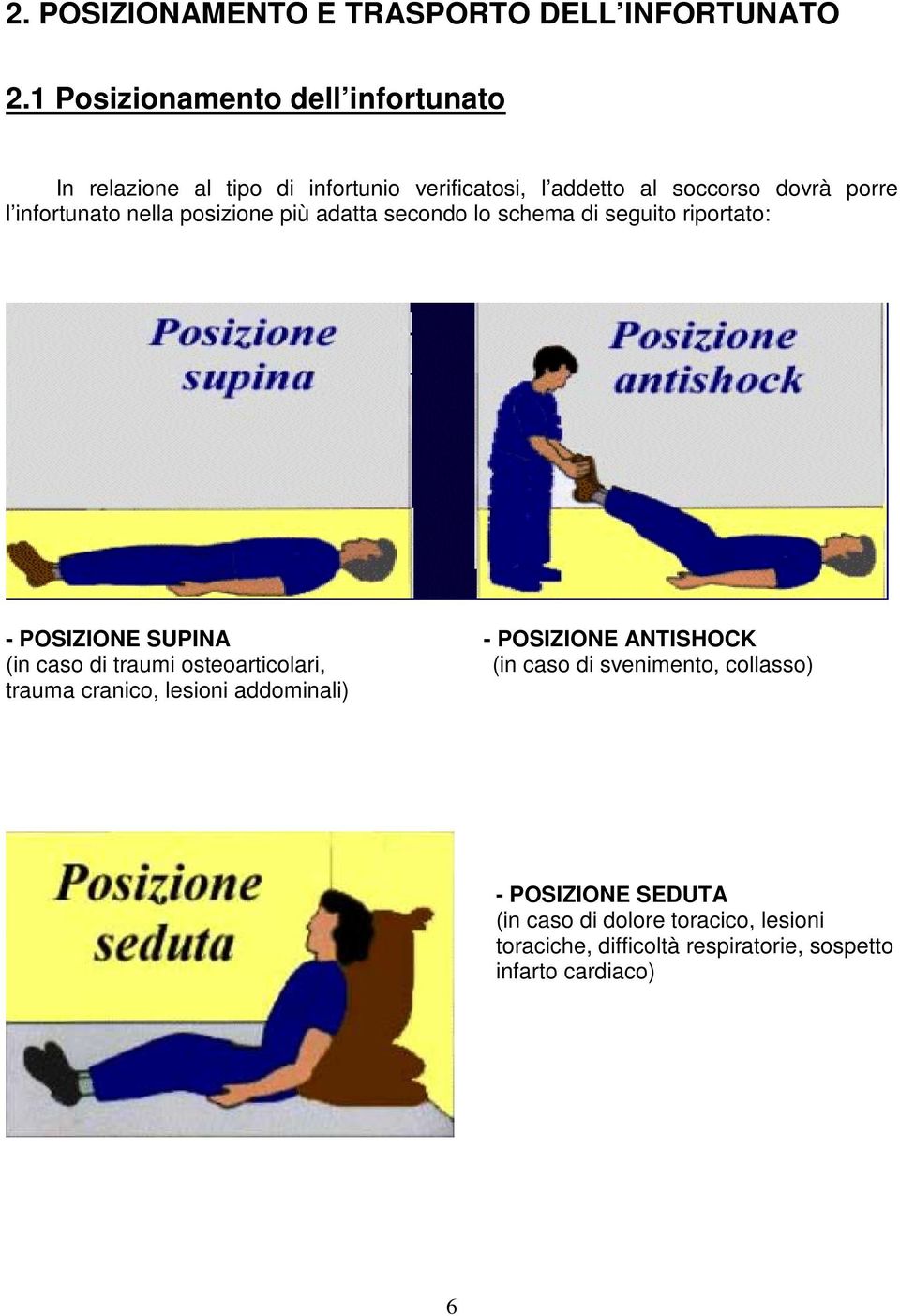 infortunato nella posizione più adatta secondo lo schema di seguito riportato: - POSIZIONE SUPINA - POSIZIONE ANTISHOCK (in caso