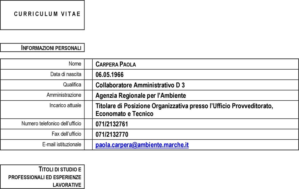 Titolare di Posizione Organizzativa presso l Ufficio Provveditorato, Economato e Tecnico Numero telefonico dell