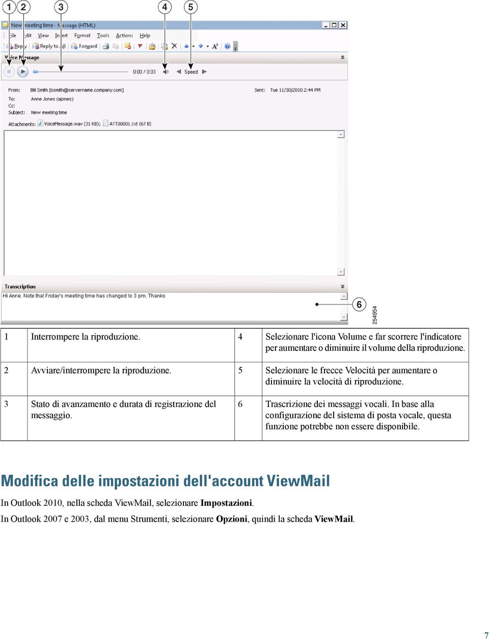 Stato di avanzamento e durata di registrazione del messaggio. Trascrizione dei messaggi vocali.