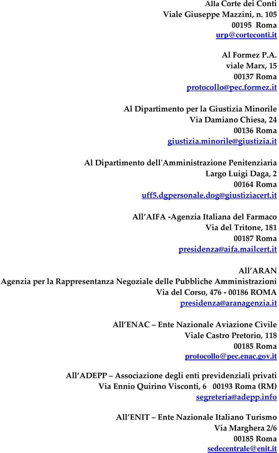 dgpersonale.dog@giustiziacert.it All AIFA -Agenzia Italiana del Farmaco Via del Tritone, 181 presidenza@aifa.mailcert.