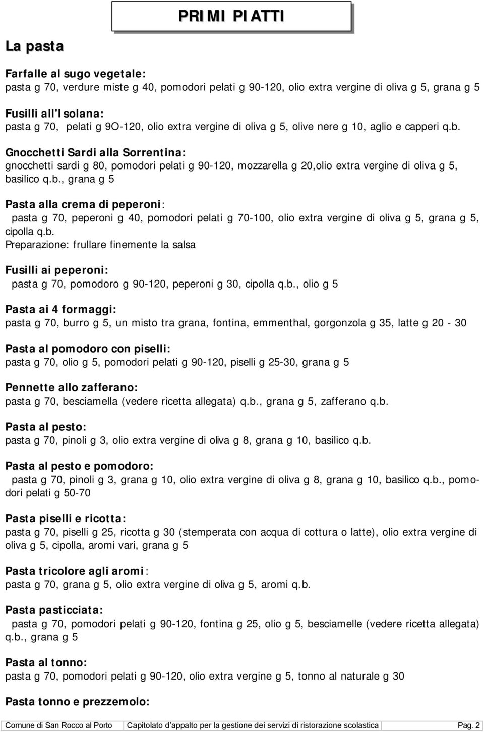 Gnocchetti Sardi alla Sorrentina: gnocchetti sardi g 80, pomodori pelati g 90-120, mozzarella g 20,olio extra vergine di oliva g 5, ba