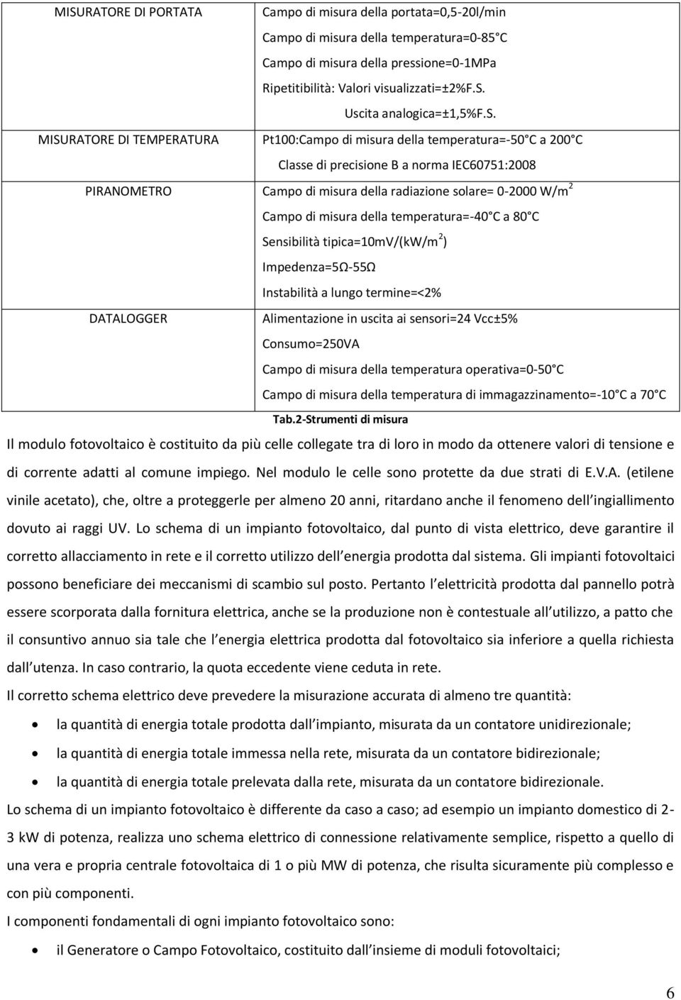 di misura della temperatura=-40 C a 80 C Sensibilità tipica=10mv/(kw/m 2 ) Impedenza=5Ω-55Ω Instabilità a lungo termine=<2% DATALOGGER Alimentazione in uscita ai sensori=24 Vcc±5% Consumo=250VA Campo