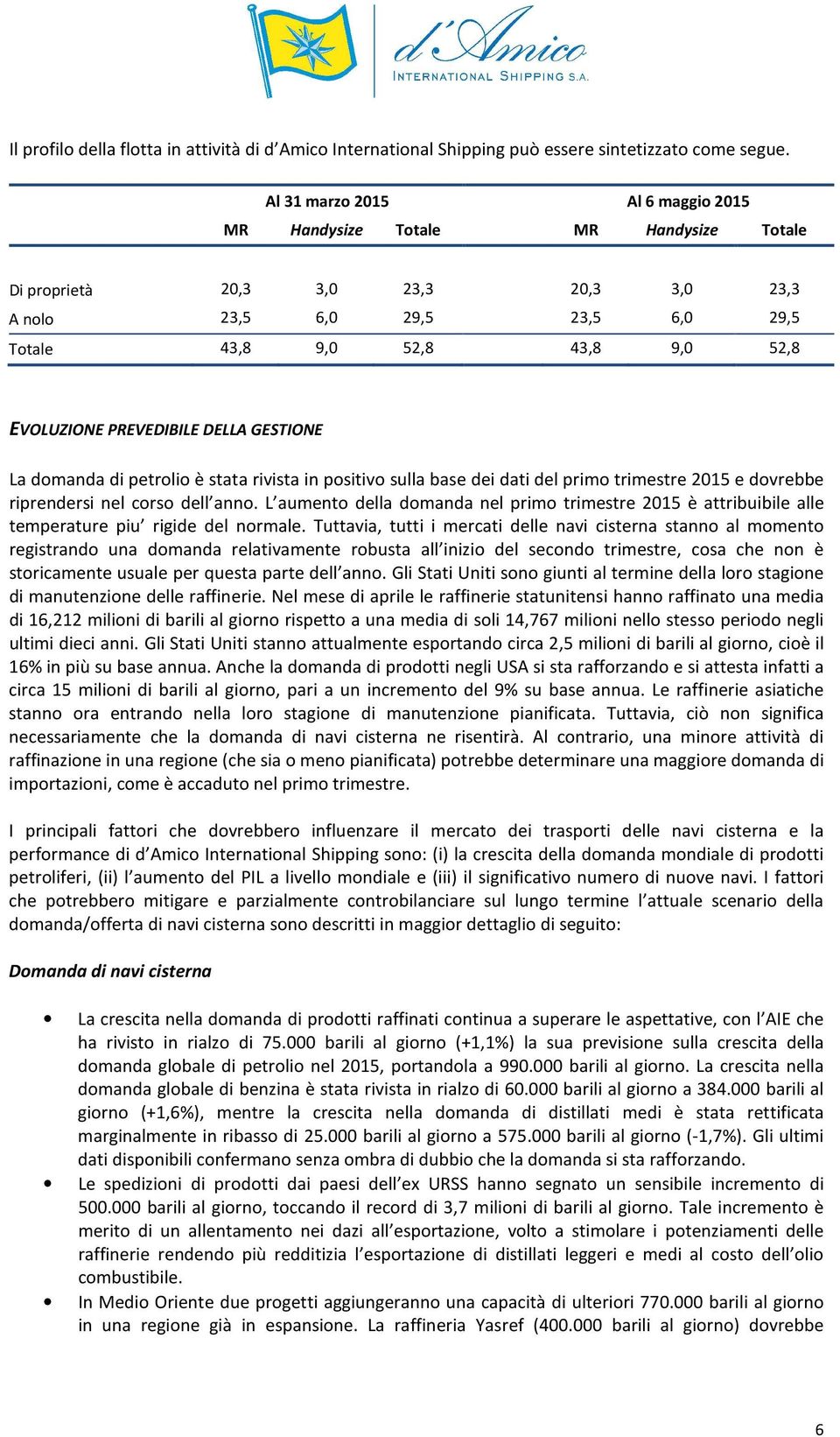 PREVEDIBILE DELLA GESTIONE La domanda di petrolio è stata rivista in positivo sulla base dei dati del primo trimestre 2015 e dovrebbe riprendersi nel corso dell anno.