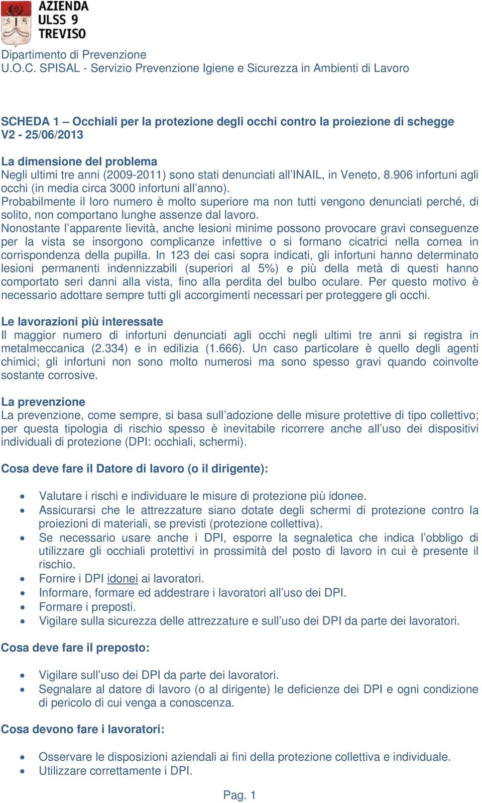 ultimi tre anni (2009-2011) sono stati denunciati all INAIL, in Veneto, 8.906 infortuni agli occhi (in media circa 3000 infortuni all anno).