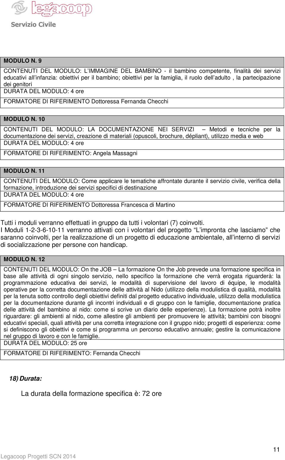 partecipazione dei genitori FORMATORE DI RIFERIMENTO Dottoressa Fernanda Checchi  10 CONTENUTI DEL MODULO: LA DOCUMENTAZIONE NEI SERIZI Metodi e tecniche per la documentazione dei servizi, creazione