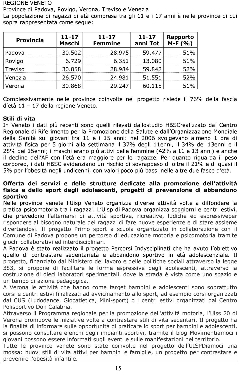 868 29.247 60.115 51% Complessivamente nelle province coinvolte nel progetto risiede il 76% della fascia d età 11 17 della regione Veneto.