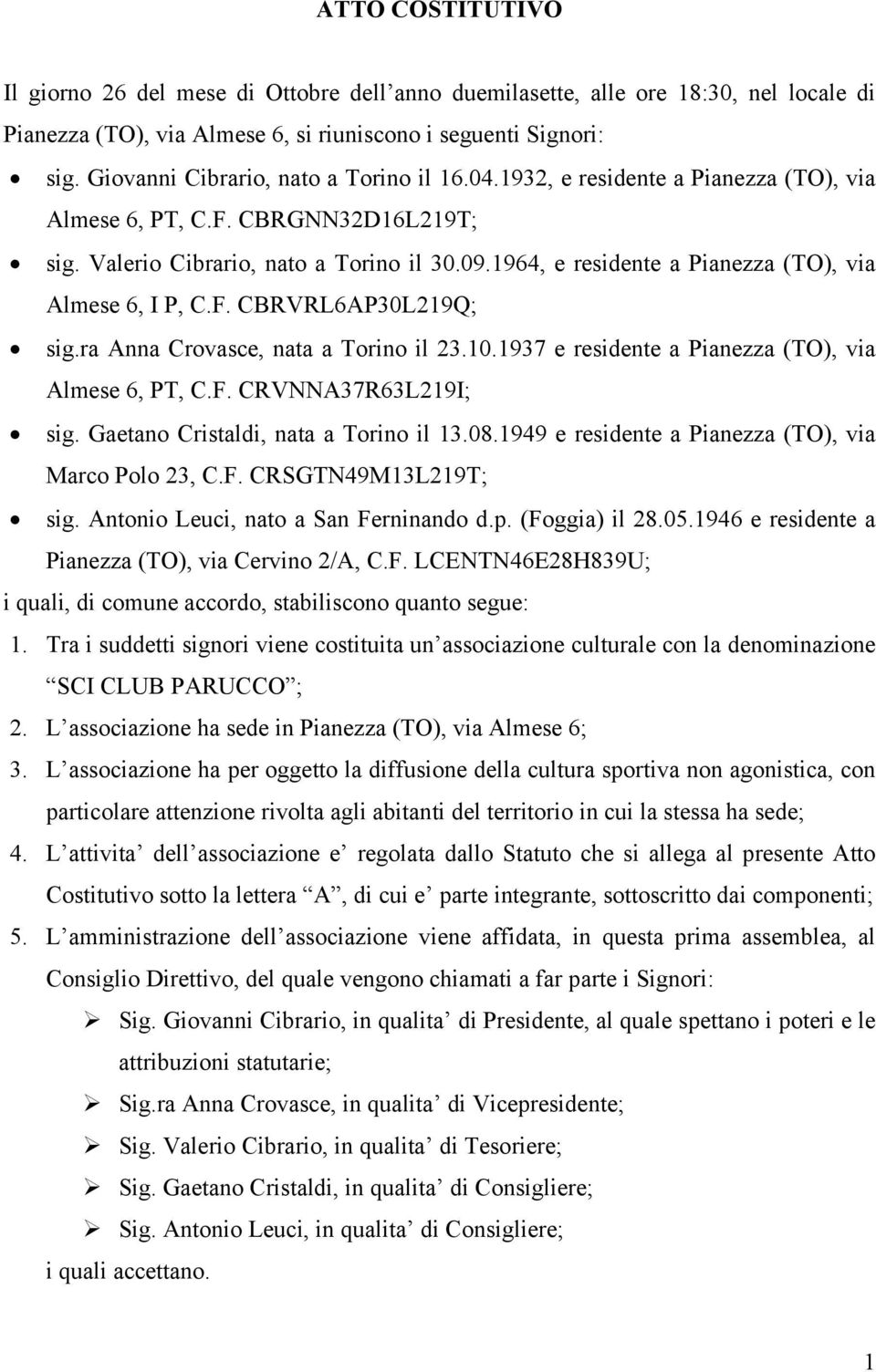 1964, e residente a Pianezza (TO), via Almese 6, I P, C.F. CBRVRL6AP30L219Q; sig.ra Anna Crovasce, nata a Torino il 23.10.1937 e residente a Pianezza (TO), via Almese 6, PT, C.F. CRVNNA37R63L219I; sig.