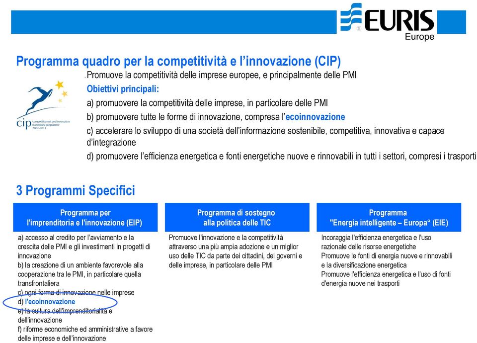 innovativa e capace d integrazione d) promuovere l efficienza energetica e fonti energetiche nuove e rinnovabili in tutti i settori, compresi i trasporti 3 Programmi Specifici Programma per