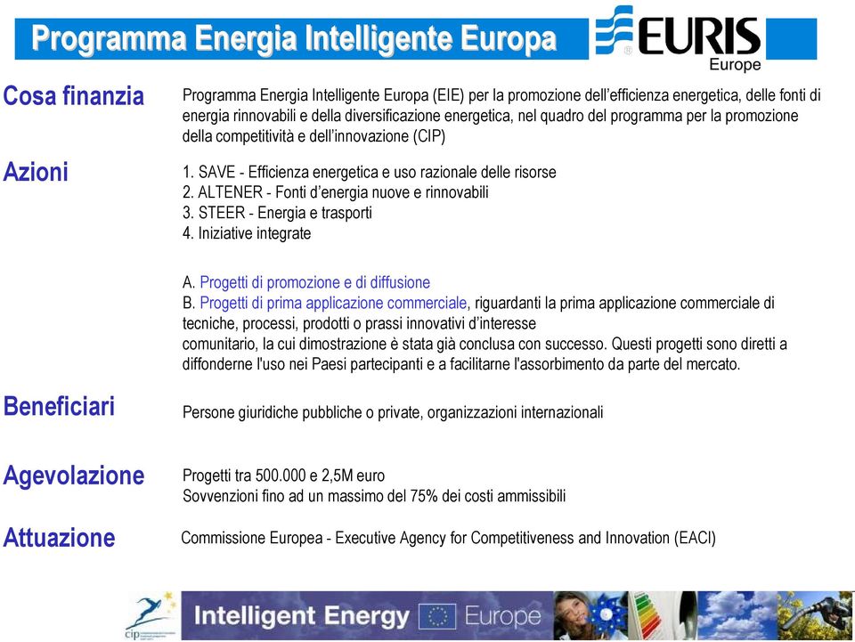ALTENER - Fonti d energia nuove e rinnovabili 3. STEER - Energia e trasporti 4. Iniziative integrate A. Progetti di promozione e di diffusione B.