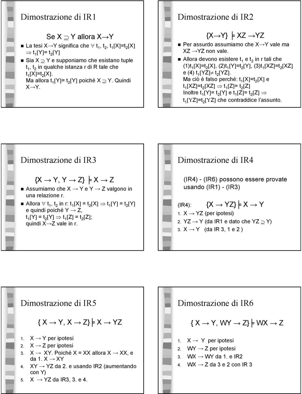 Allora devono esistere t 1 e t 2 in r tali che (1)t 1 [X]=t 2 [X], (2)t 1 [Y]=t 2 [Y], (3)t 1 [XZ]=t 2 [XZ] e(4) t 1 [YZ] t 2 [YZ].