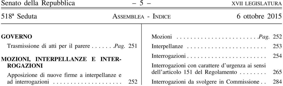 interrogazioni...... 252 Mozioni..... Pag. 252 Interpellanze...... 253 Interrogazioni.