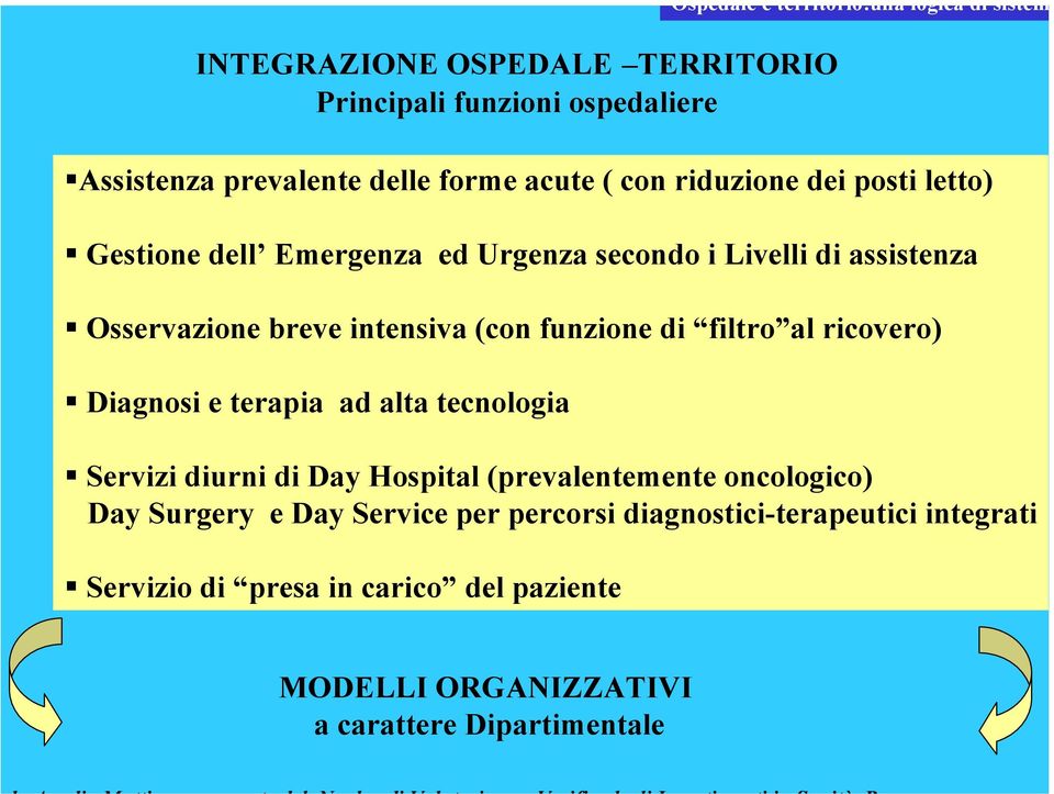 ricovero) Diagnosi e terapia ad alta tecnologia Servizi diurni di Day Hospital (prevalentemente oncologico) Day Surgery e Day