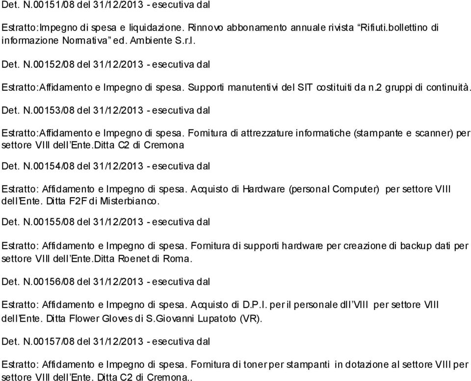 Fornitura di attrezzature informatiche (stampante e scanner) per settore VIII dell Ente.Ditta C2 di Cremona Det. N.00154/08 del 31/12/2013 - esecutiva dal Estratto: Affidamento e Impegno di spesa.