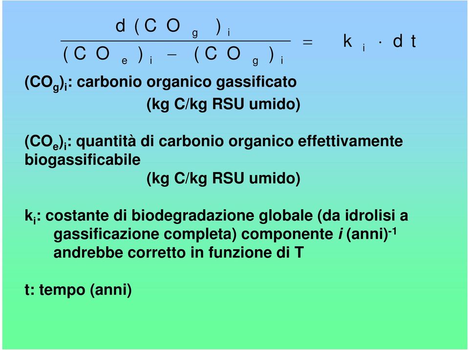 biogassificabile (kg C/kg RSU umido) k i : costante di biodegradazione globale (da
