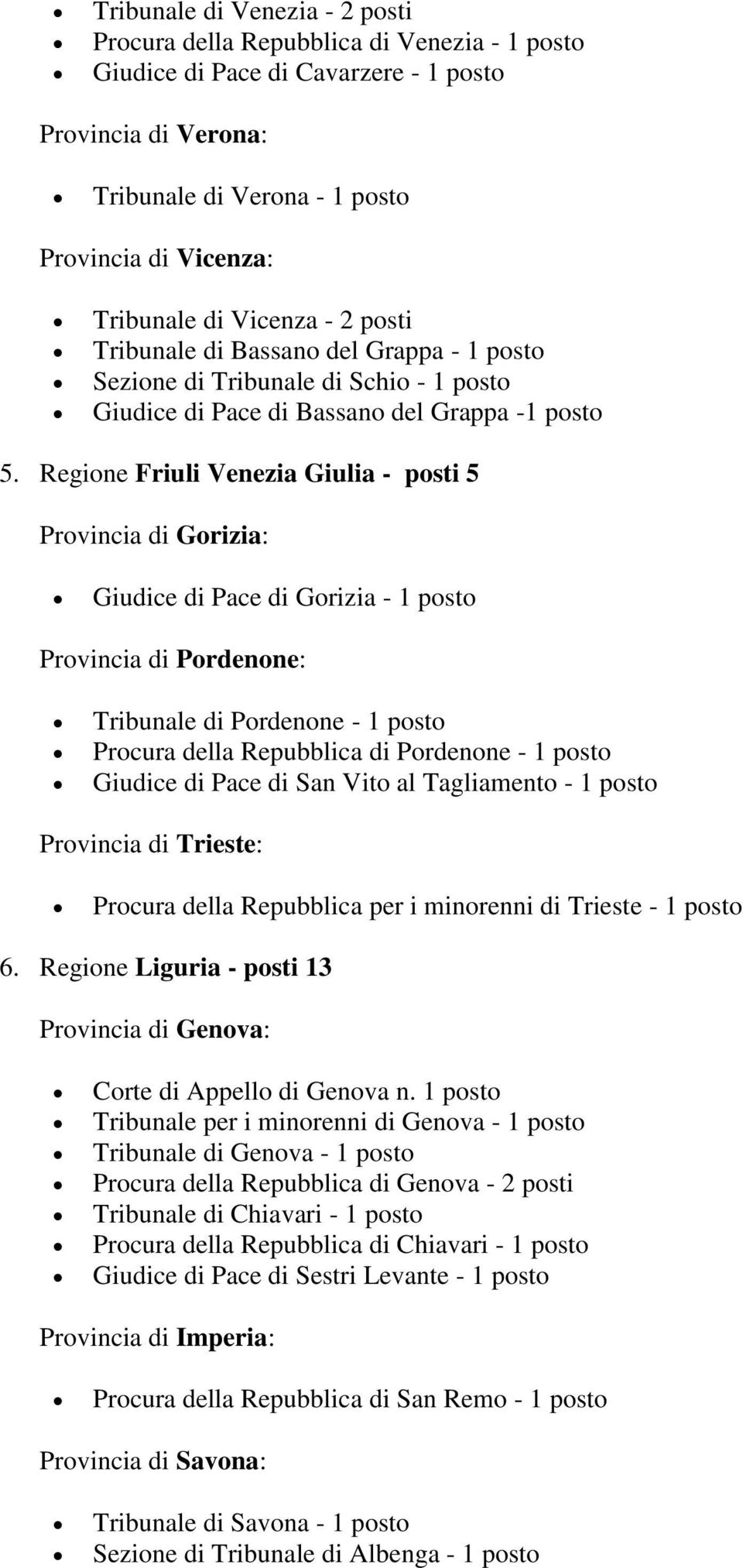 Regione Friuli Venezia Giulia - posti 5 Provincia di Gorizia: Giudice di Pace di Gorizia - 1 posto Provincia di Pordenone: Tribunale di Pordenone - 1 posto Procura della Repubblica di Pordenone - 1