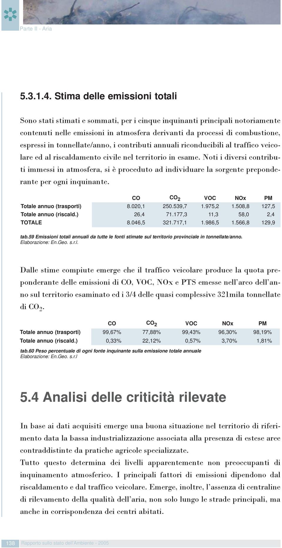 tonnellate/anno, i contributi annuali riconducibili al traffico veicolare ed al riscaldamento civile nel territorio in esame.