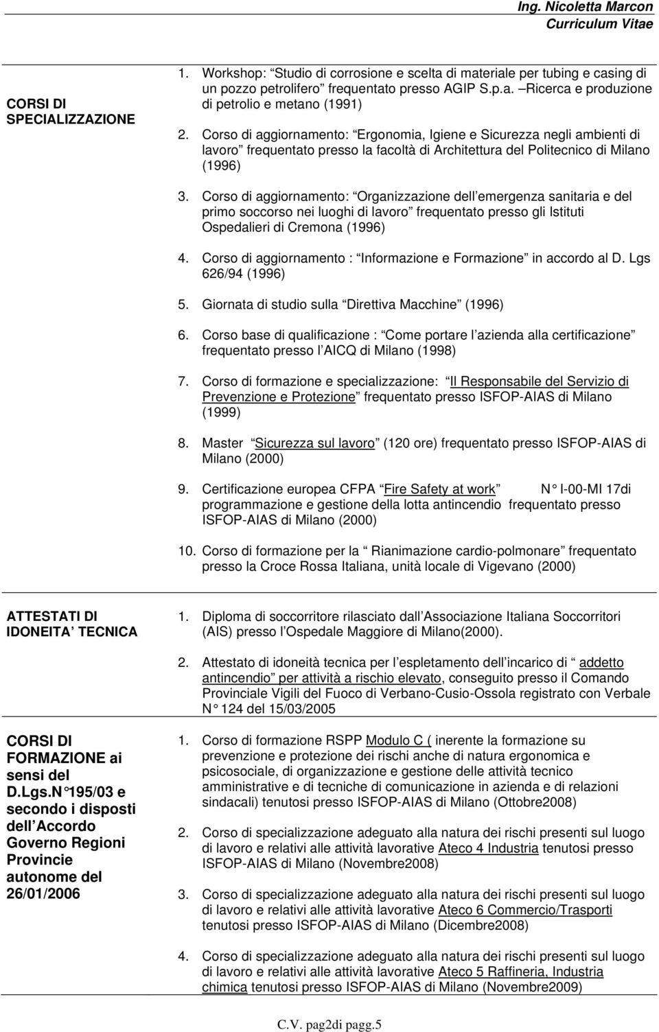 Corso di aggiornamento: Organizzazione dell emergenza sanitaria e del primo soccorso nei luoghi di lavoro frequentato presso gli Istituti Ospedalieri di Cremona (1996) 4.