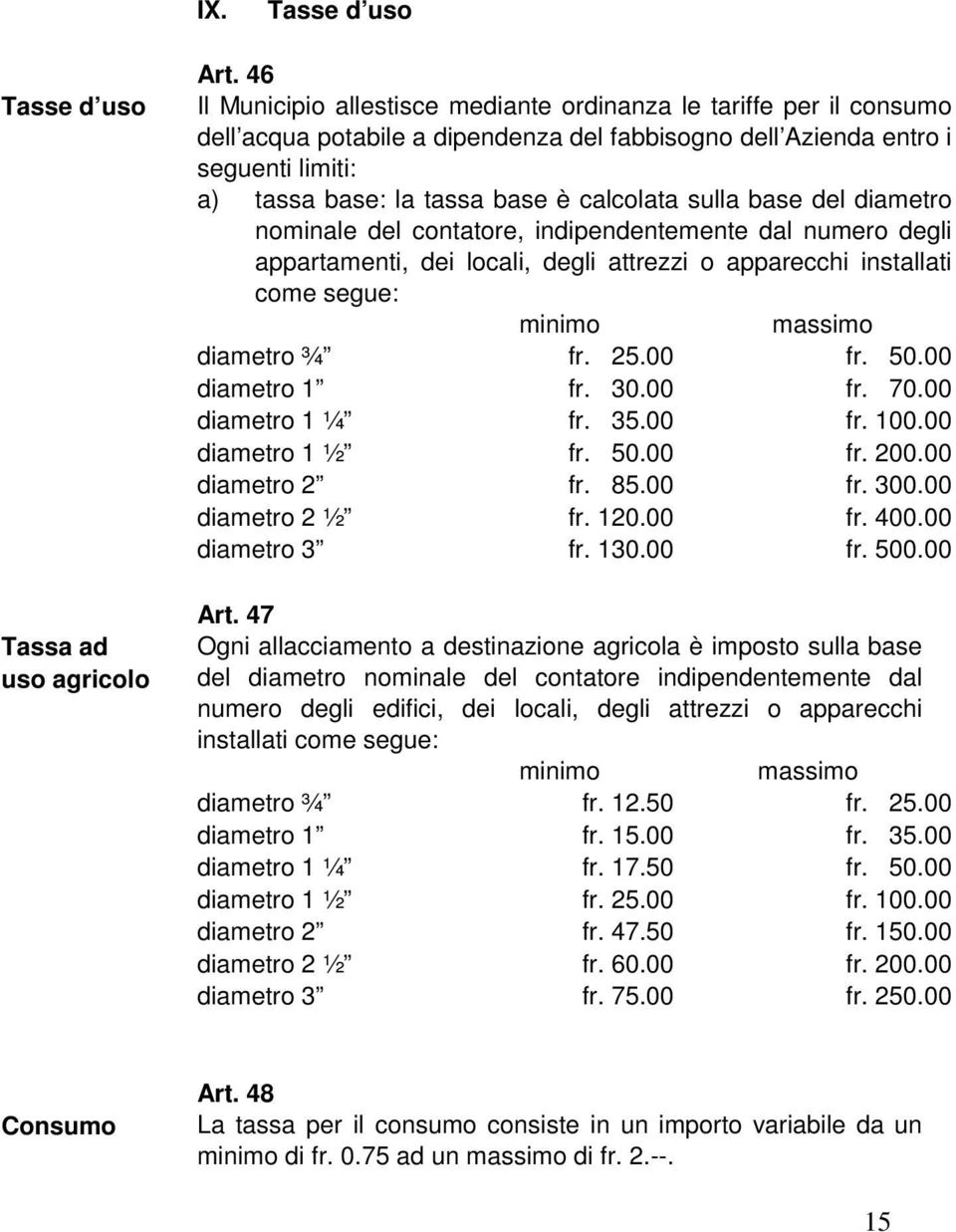 sulla base del diametro nominale del contatore, indipendentemente dal numero degli appartamenti, dei locali, degli attrezzi o apparecchi installati come segue: minimo massimo diametro ¾ fr. 25.00 fr.