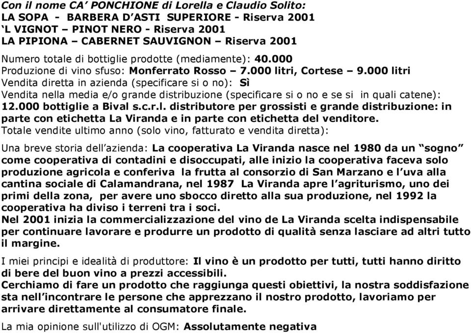 000 litri Vendita diretta in azienda (specificare si o no): Sì Vendita nella media e/o grande distribuzione (specificare si o no e se si in quali catene): 12.000 bottiglie a Bival s.c.r.l. distributore per grossisti e grande distribuzione: in parte con etichetta La Viranda e in parte con etichetta del venditore.