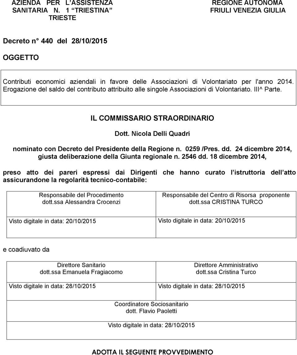 Erogazione del saldo del contributo attribuito alle singole Associazioni di Volontariato. III^ Parte. IL COMMISSARIO STRAORDINARIO Dott.