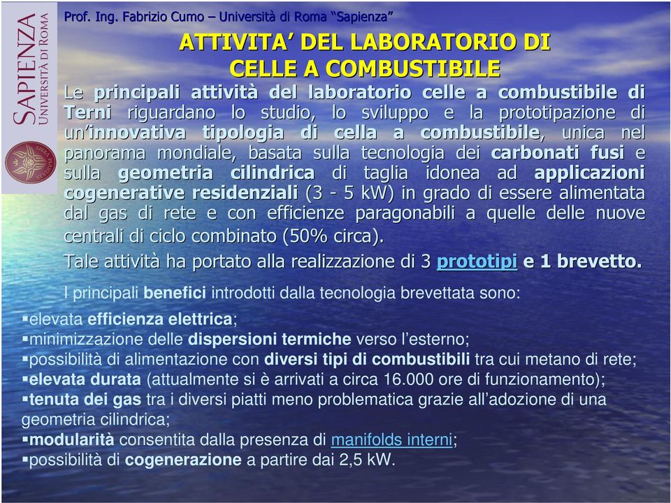 grado di essere alimentata dal gas di rete e con efficienze paragonabili a quelle delle nuove centrali di ciclo combinato (50% circa).