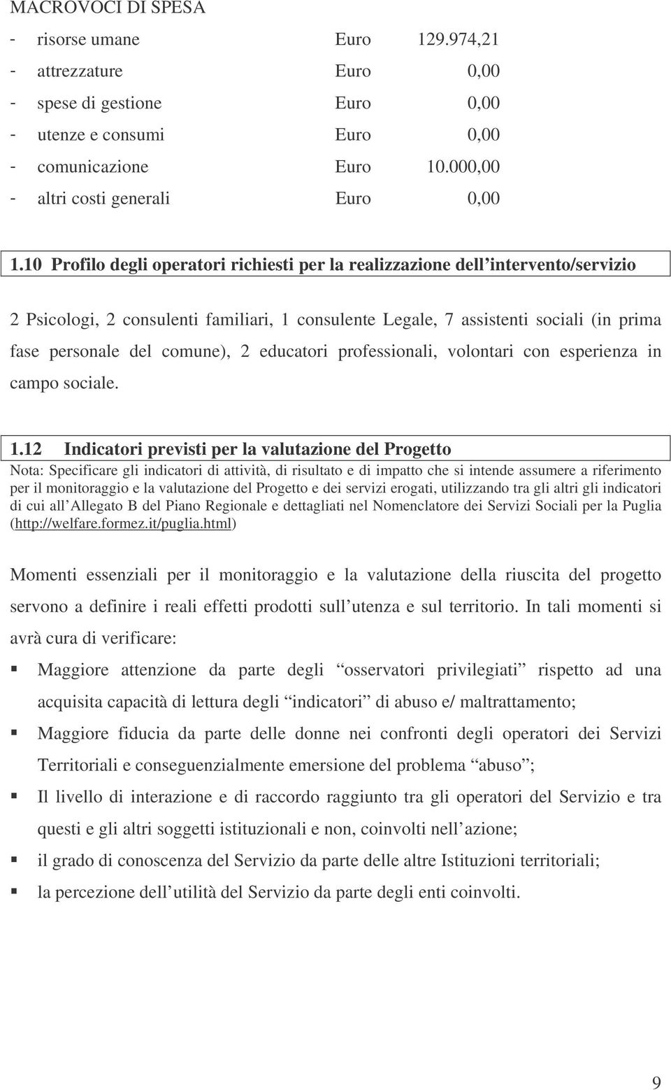 10 Profilo degli operatori richiesti per la realizzazione dell intervento/servizio 2 Psicologi, 2 consulenti familiari, 1 consulente Legale, 7 assistenti sociali (in prima fase personale del comune),