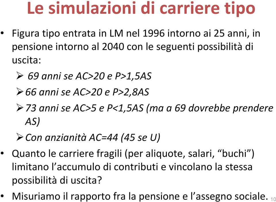 dovrebbe prendere AS) Con anzianità AC=44 (45 se U) Quanto le carriere fragili (per aliquote, salari, buchi ) limitano l