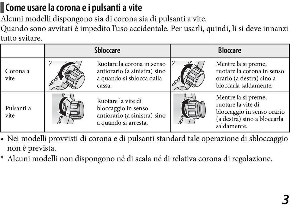 Ruotare la vite di bloccaggio in senso antiorario (a sinistra) sino a quando si arresta. Mentre la si preme, ruotare la corona in senso orario (a destra) sino a bloccarla saldamente.