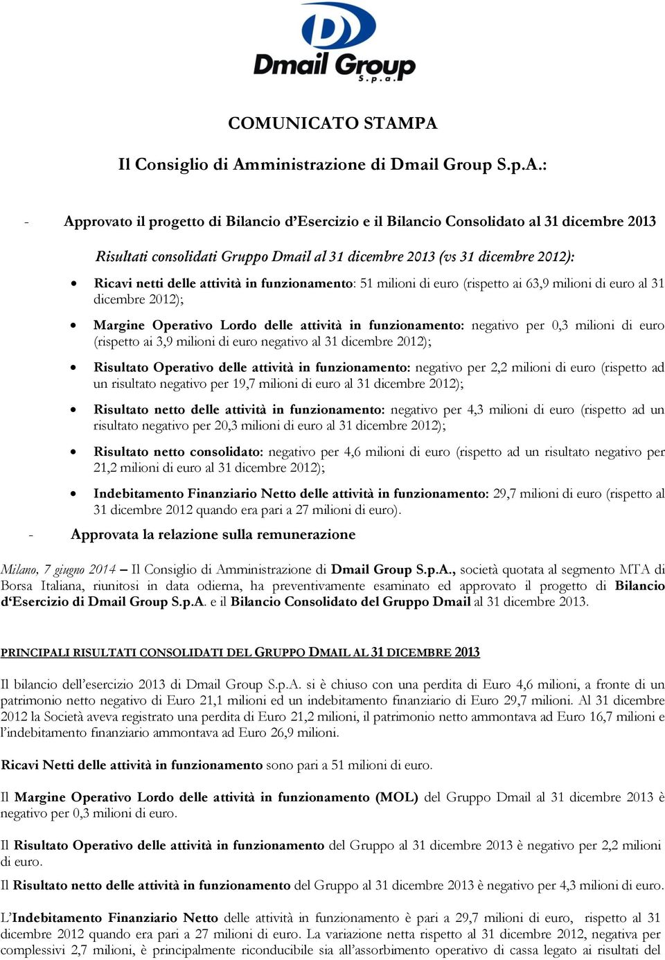 PA Il Consiglio di Amministrazione di Dmail Group S.p.A.: - Approvato il progetto di Bilancio d Esercizio e il Bilancio Consolidato al 31 dicembre 2013 Risultati consolidati Gruppo Dmail al 31