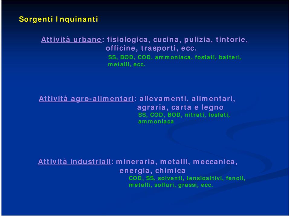 Attività agro-alimentari: allevamenti, alimentari, agraria, carta e legno SS, COD, BOD, nitrati,