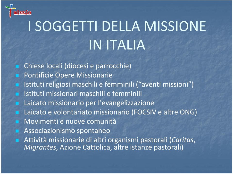 evangelizzazione Laicato e volontariato missionario (FOCSIV e altre ONG) Movimenti e nuove comunità Associazionismo