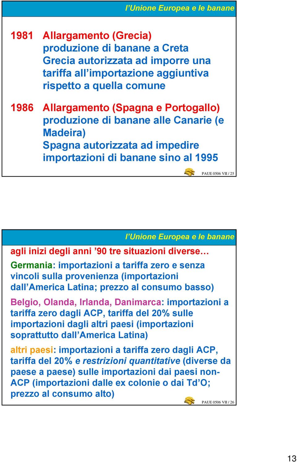 anni 90 tre situazioni diverse Germania: importazioni a tariffa zero e senza vincoli sulla provenienza (importazioni dall America Latina; prezzo al consumo basso) Belgio, Olanda, Irlanda, Danimarca:
