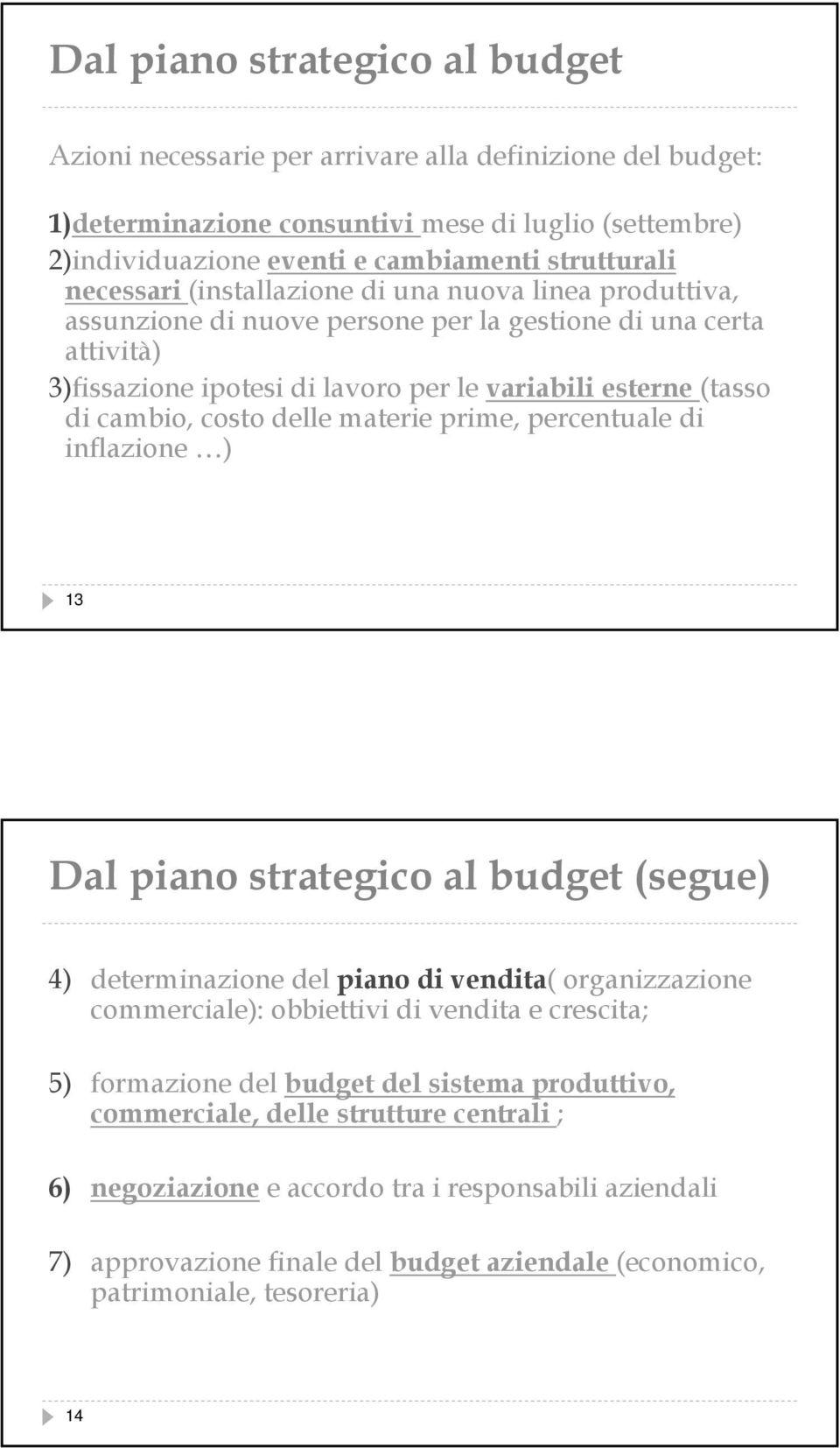 costo delle materie prime, percentuale di inflazione ) 13 Dal piano strategico al budget (segue) 4) determinazione del piano di vendita( organizzazione commerciale): obbiettivi di vendita e crescita;