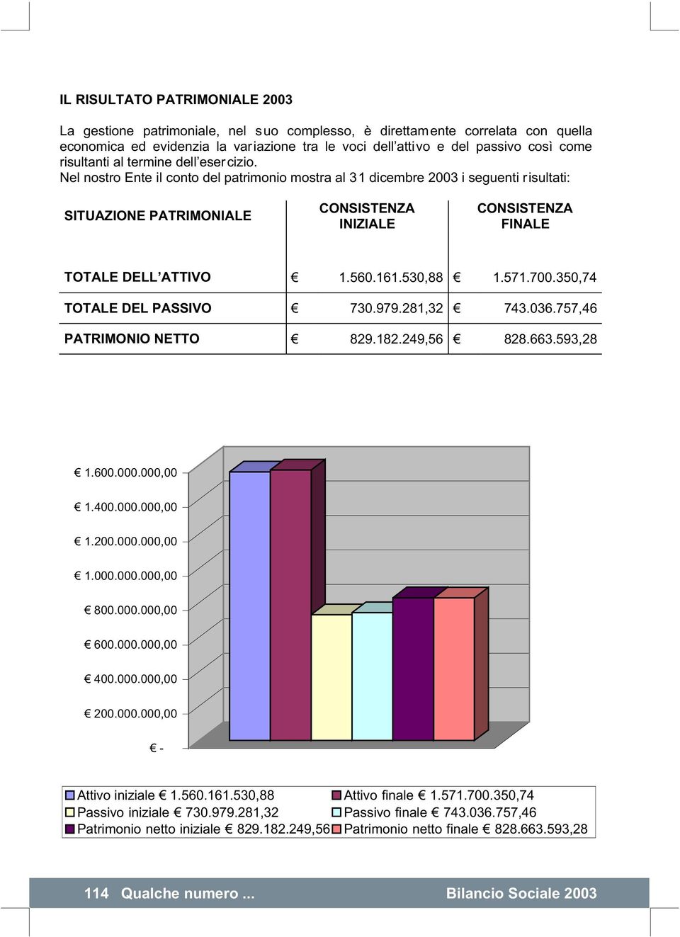 Nel nostro Ente il conto del patrimonio mostra al 31 dicembre 2003 i seguenti risultati: SITUAZIONE PATRIMONIALE CONSISTENZA INIZIALE CONSISTENZA FINALE TOTALE DELL ATTIVO 1.560.161.530,88 1.571.700.