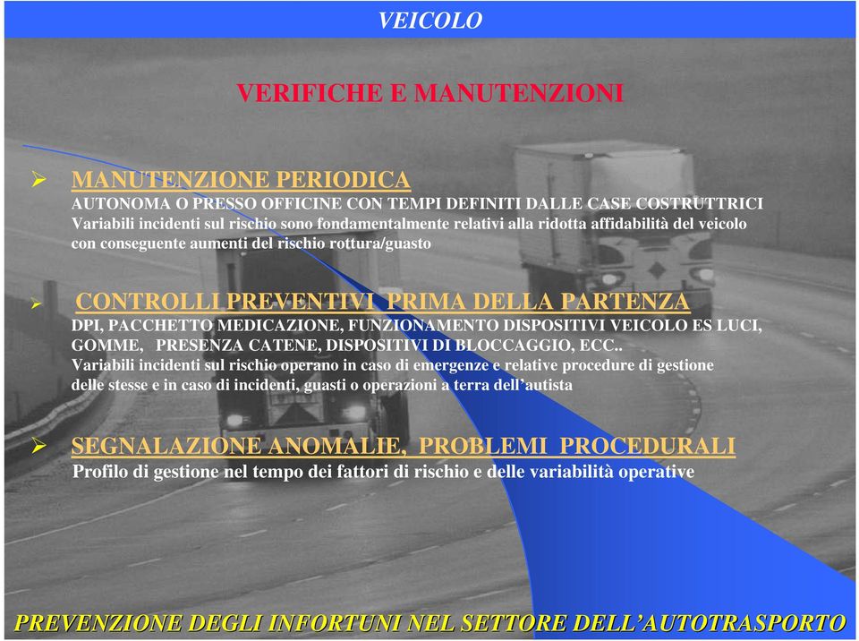 DISPOSITIVI VEICOLO ES LUCI, GOMME, PRESENZA CATENE, DISPOSITIVI DI BLOCCAGGIO, ECC.