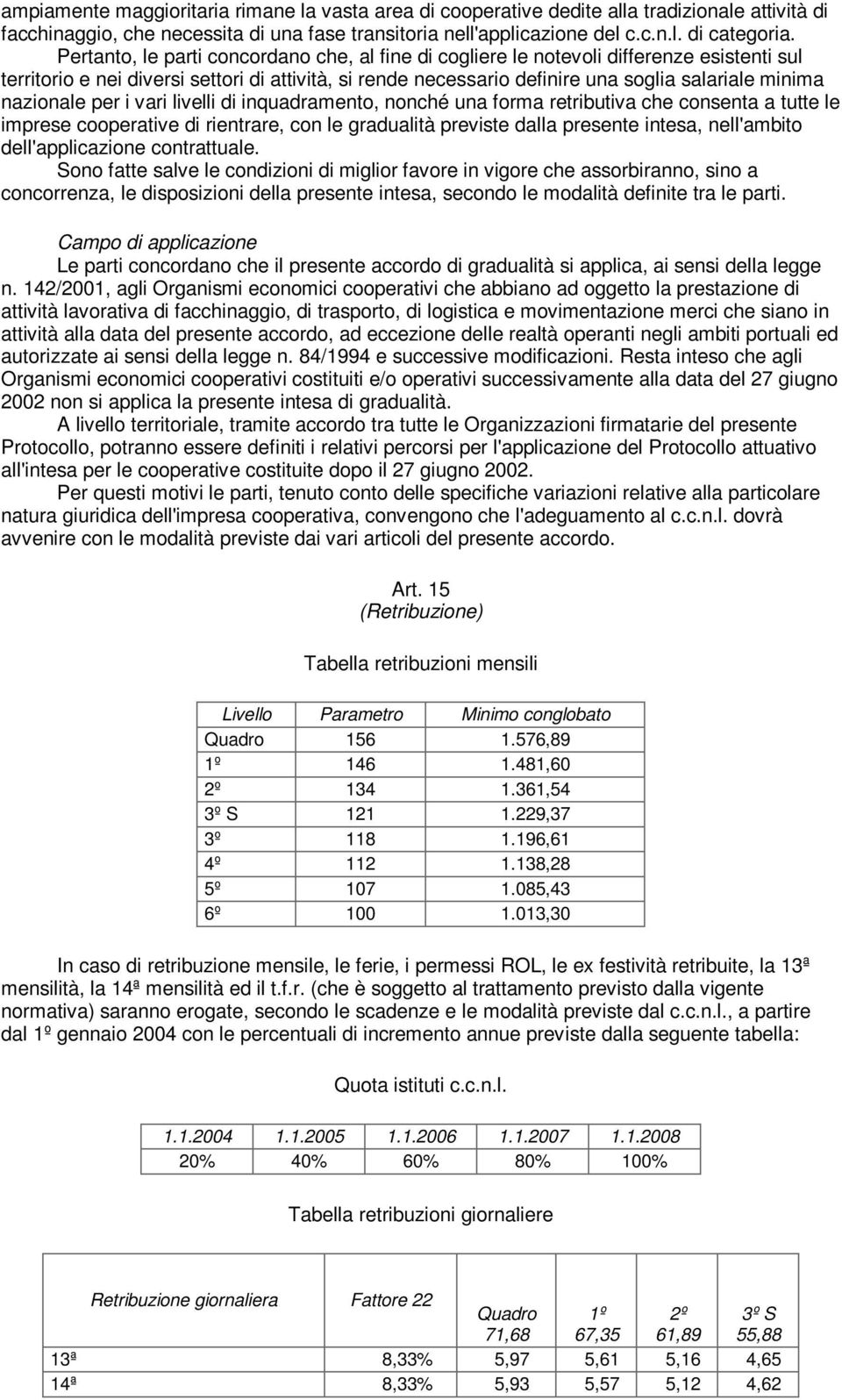 nazionale per i vari livelli di inquadramento, nonché una forma retributiva che consenta a tutte le imprese cooperative di rientrare, con le gradualità previste dalla presente intesa, nell'ambito