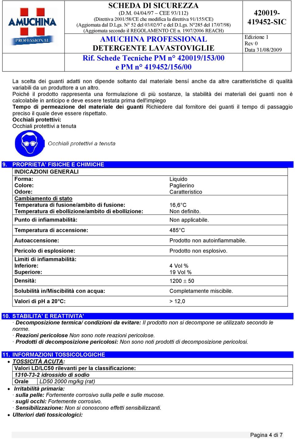 materiale dei guanti Richiedere dal fornitore dei guanti il tempo di passaggio preciso il quale deve essere rispettato. Occhiali protettivi: Occhiali protettivi a tenuta 9.