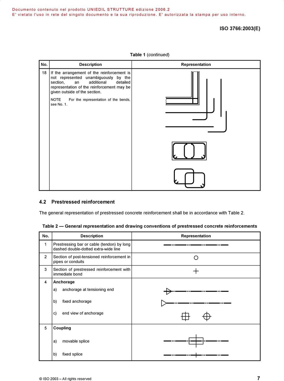 of the section. NOTE For the representation of the bends, see No. 1. 4.2 Prestressed reinforcement The general representation of prestressed concrete reinforcement shall be in accordance with Table 2.